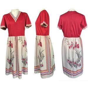 Lady Carol of New York 1970's Vintage Dress Crimson with Iris Print  V neck Sz L